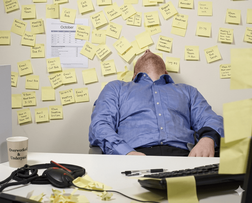 Person asleep at desk surrounded by sticky notes
